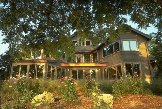East view with ornamental grasses and wildflowers